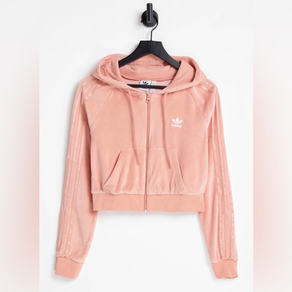 adidas Originals 'Relaxed Risque' velour zip through hoodie in blush - Picture 1 of 4